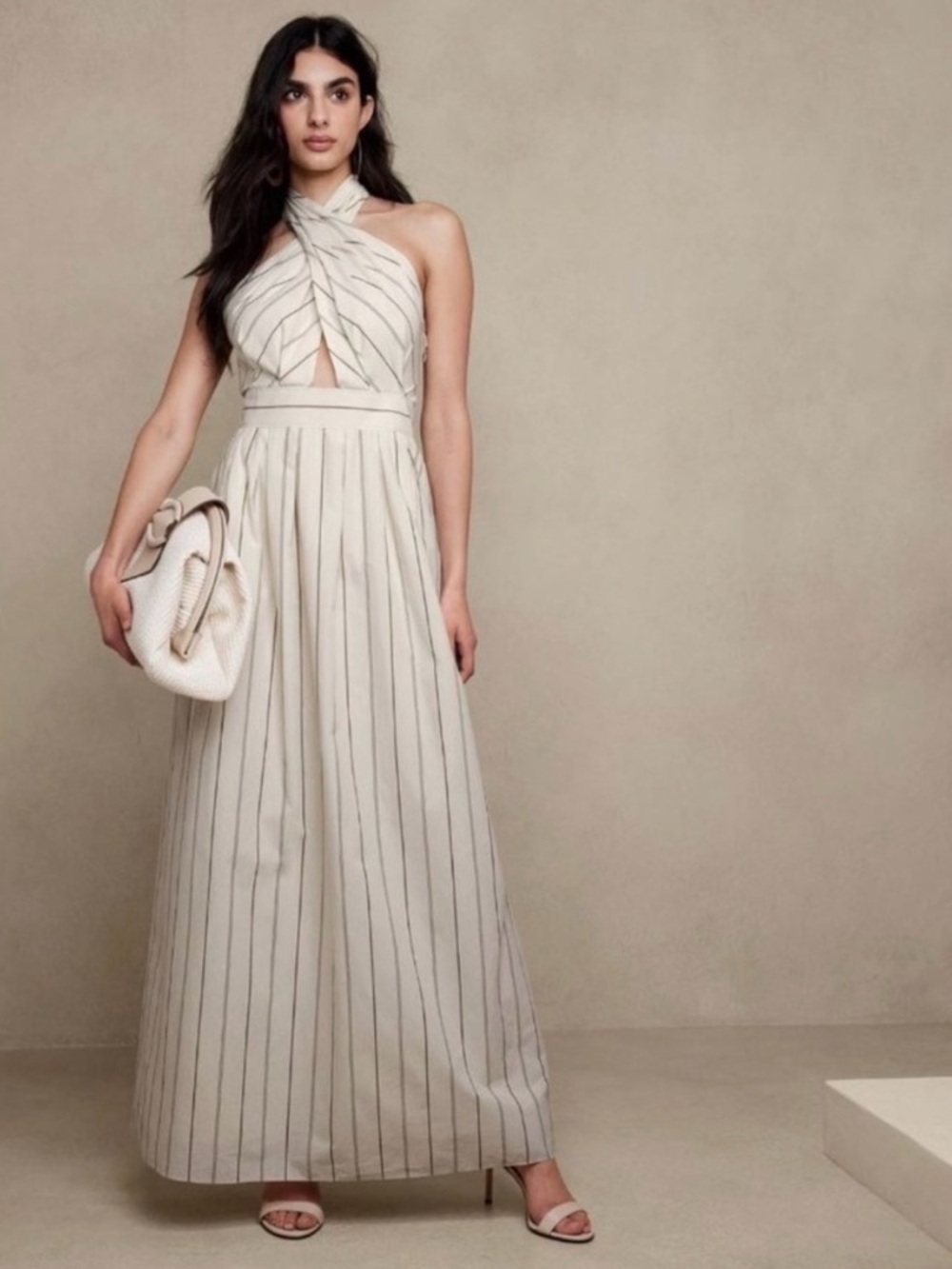 Banana Republic Cream Halter Maxi Dress with Pinstripes